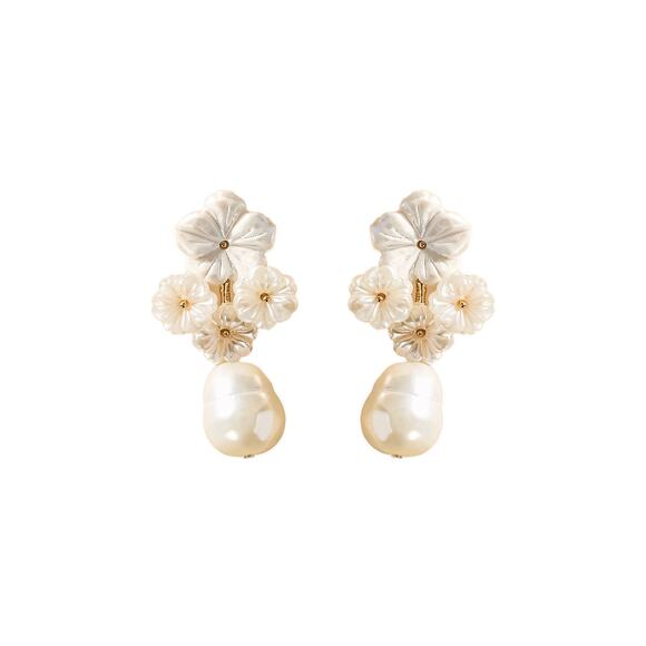 THE PINK REEF Floral Cluster with Mother-of-Pearl Drop Earrings in Ivory - Picture 1 of 7